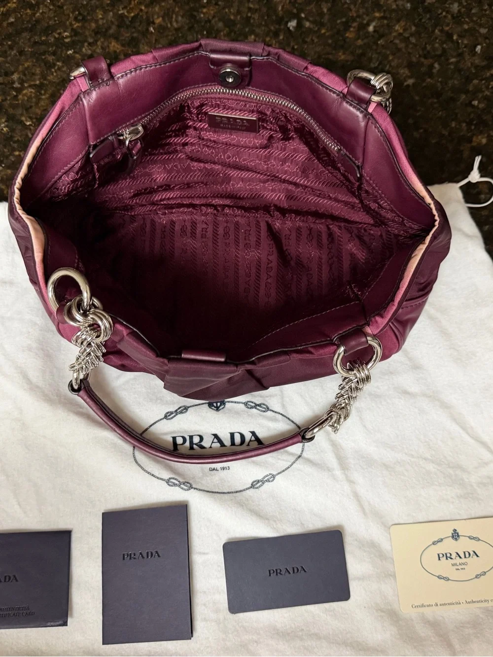 Prada Two-Tone Plum Satin Shoulder Bag with Chain Handles - Picture 6 of 14